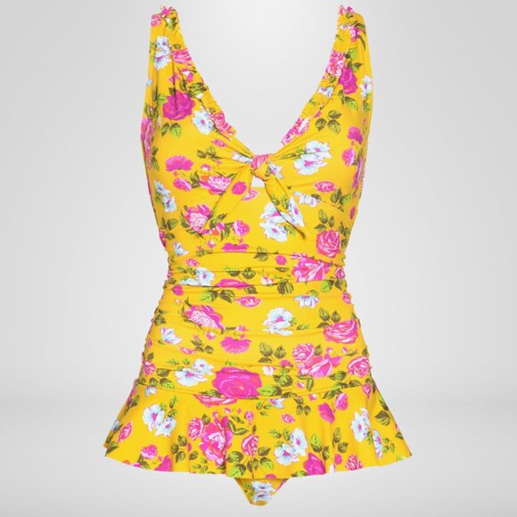 Betsey Johnson Yellow Skirted One Piece Swimsuit with Floral Design Size Large - Picture 2 of 14